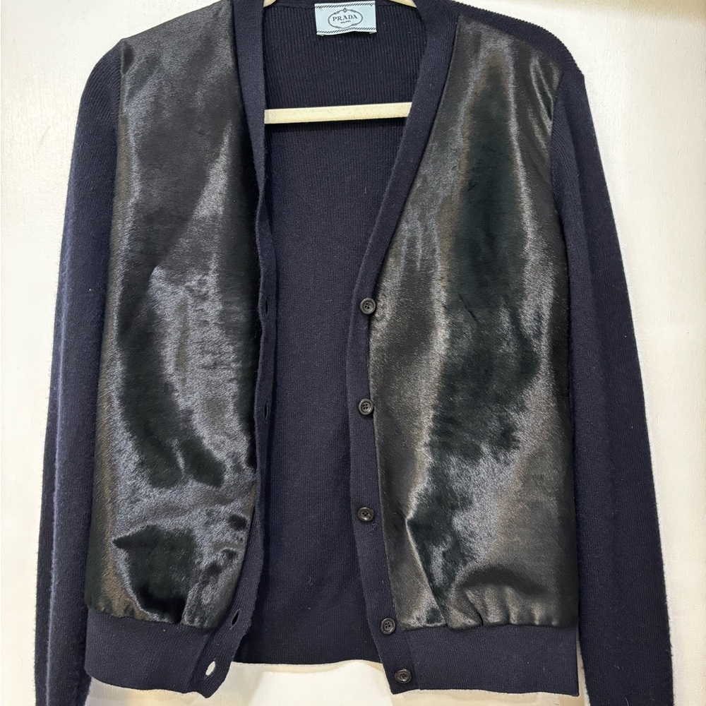 Prada Black Cardigan with Calf Hair Panels